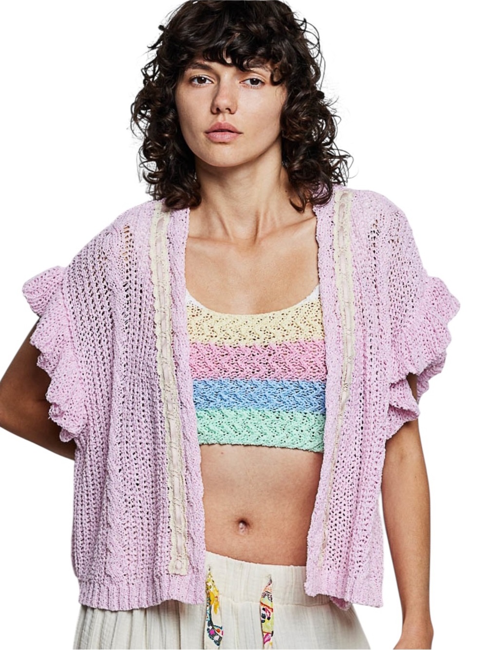 POL Pink Pastel Crochet Knit Open-Front Ruffle Short Sleeve Cardigan